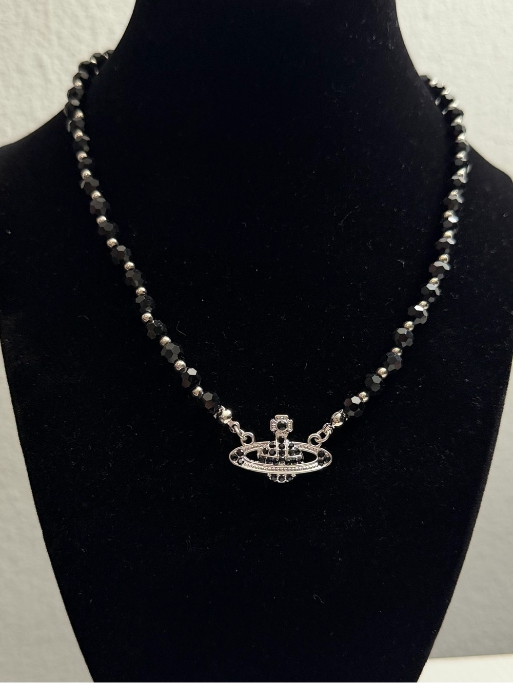 Black Crystal Bead Necklace with Orb Pendant